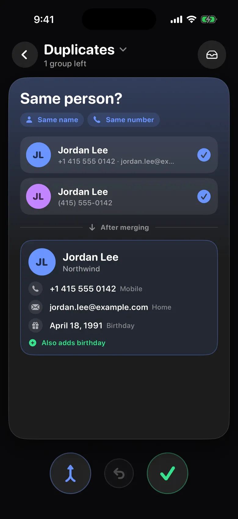 Contacts in Squeak: two cards for Jordan Lee and the merged contact