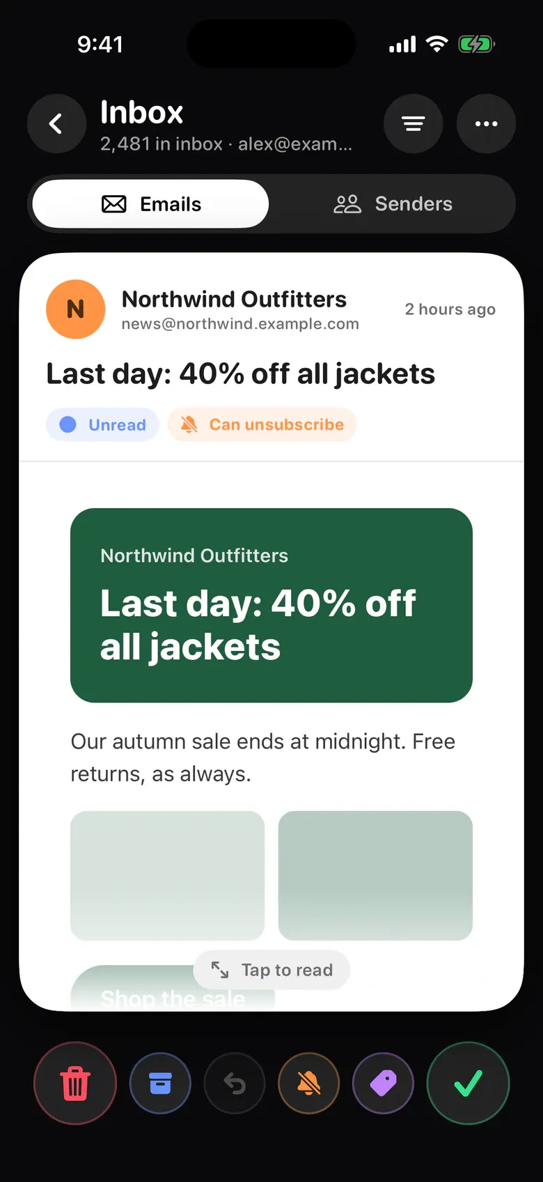Gmail in Squeak: a newsletter email with trash, archive, unsubscribe, label and keep buttons